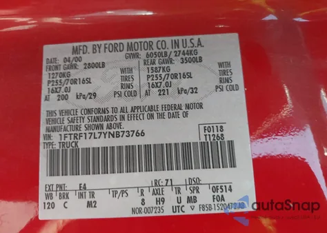 2000 Ford F-150 Work Series/Xl/Xlt z USA, uszkodzony, nr VIN 1FTRF17L7YNB73766